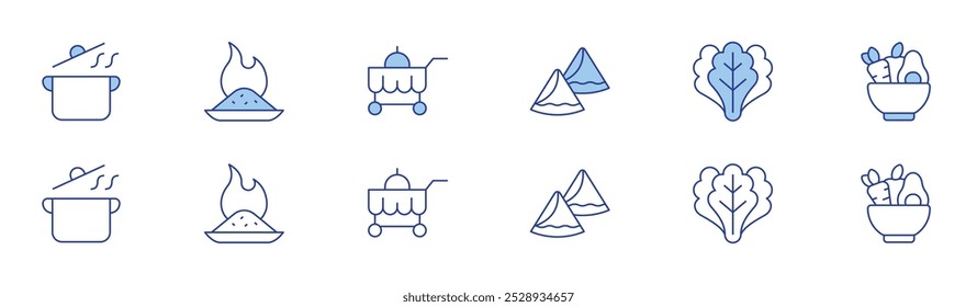 Food icon set in two styles, Duotone and Thin Line style. Editable stroke. cooking, samosa, spicy food, lettuce, food cart, healthy food.