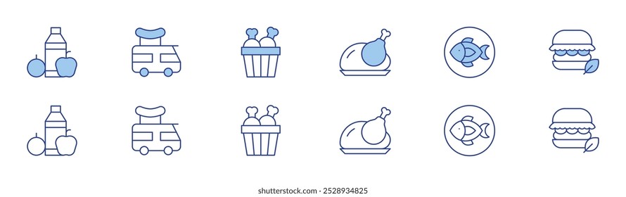 Food icon set in two styles, Duotone and Thin Line style. Editable stroke. turkey, feeding, fish, food truck, burger, chicken bucket.