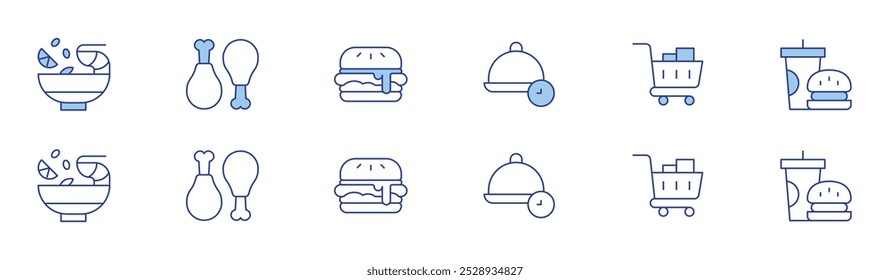 Food icon set in two styles, Duotone and Thin Line style. Editable stroke. tom yum, lunch time, shopping cart, fried chicken, burger, fast food.