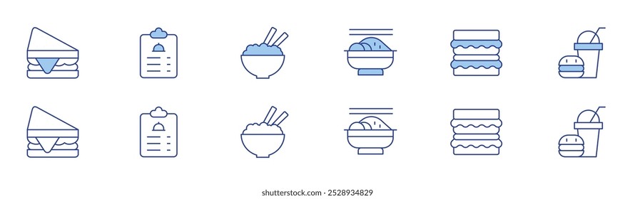 Food icon set in two styles, Duotone and Thin Line style. Editable stroke. sandwich, tzatziki, menu, rice, hamburguer, fast food.