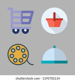 food icon set. vector set about movie, dinner, upermarket and shopping cart icons set.