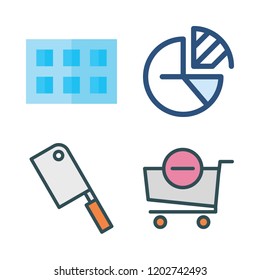 food icon set. vector set about shopping cart, butcher, ice cube tray and pie chart icons set.