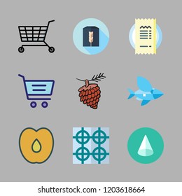 food icon set. vector set about wheat flour, cone, peach and shopping cart icons set.