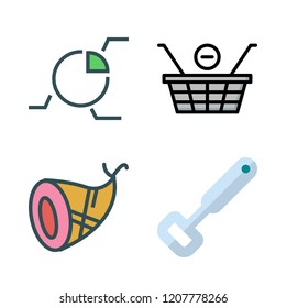 food icon set. vector set about ham, bottle opener, pie chart and shopping basket icons set.