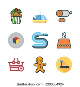 food icon set. vector set about tools and utensils, oven, salami and cupcake icons set.