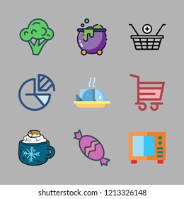 food icon set. vector set about shopping basket, pie chart, fish and shopping cart icons set.