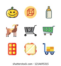food icon set. vector set about trolley, feeding bottle, shopping cart and sandwich icons set.
