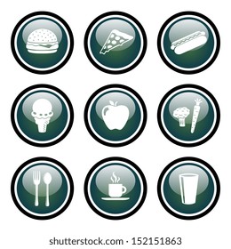 Food icon set vector food icons in a green glass button style with a hamburger, pizza slice, hotdog, icecream cone, apple, vegetables, silverware fork and spoon, coffee mug, and drinking glass icons