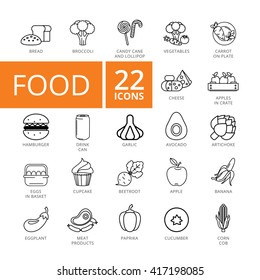 Food Icon set. Vector Thin line icon. Good for presentation, training, marketing, design, web. Can be used for creative template, logo, sign, craft. Isolated on white background. 