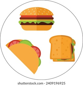 Food icon, various types of food icons like burger, pizza, ice-cream, egg,