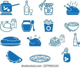 Vector de icono de comida, 15 iconos de cocina conjunto vector azul