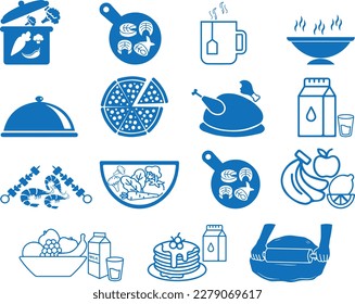 Food icon vector, 15 food cooking icon set blue vector