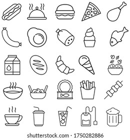 Juego de vectores de iconos de alimentos. colección de signos de ilustración de compras. símbolo de comida rápida. 