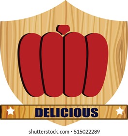 Food icons against wood plaque of pumpkin
