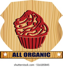 Food icons against wood plaque of muffin