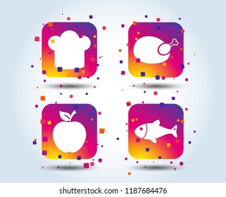 Food icons. Apple fruit with leaf symbol. Chicken hen bird meat sign. Fish and Chef hat icons. Colour gradient square buttons. Flat design concept. Vector