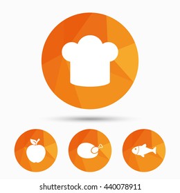 Food icons. Apple fruit with leaf symbol. Chicken hen bird meat sign. Fish and Chef hat icons. Triangular low poly buttons with shadow. Vector