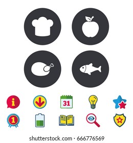 Food icons. Apple fruit with leaf symbol. Chicken hen bird meat sign. Fish and Chef hat icons. Calendar, Information and Download signs. Stars, Award and Book icons. Light bulb, Shield and Search