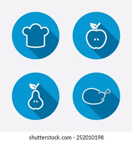 Food icons. Apple and Pear fruits with leaf symbol. Chicken hen bird meat sign. Chef hat icons. Circle concept web buttons. Vector