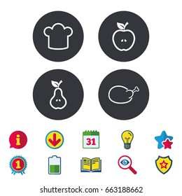 Food icons. Apple and Pear fruits with leaf symbol. Chicken hen bird meat sign. Chef hat icons. Calendar, Information and Download signs. Stars, Award and Book icons. Light bulb, Shield and Search
