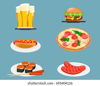 Food icons. Beer, cheeseburger, hot dog, pizza, sushi and fried sausages. Set of vector illustrations. 