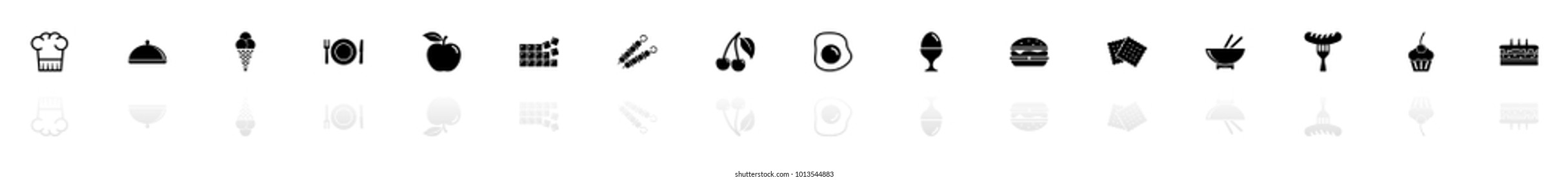 Food icons - Black horizontal Illustration symbol on White Background with a mirror Shadow reflection. Flat Vector Icon.