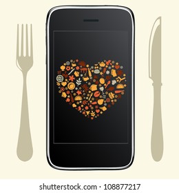 Food Icons With Black Phone, Vector Illustration