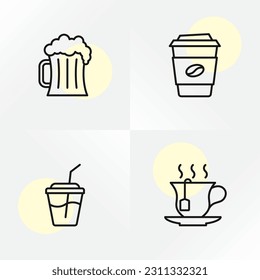 Food icons, black and white, Vector line icons, fast food, junk food, unhealthy eating. Restaurant menu icons. Vector illustration. Web application, apps collection.