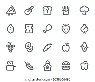 Food icons in bold outline style. Contains icons like Pizza Slice, Strawberry and Hamburger. These vector icons will look great in any user interface design. Pixel perfect at 64x64.