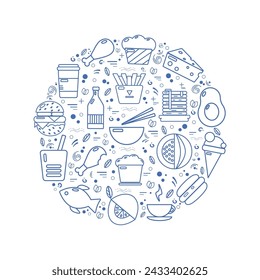 Food icons in circle with decor elements on a white background