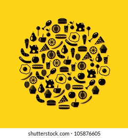 food icons in circle, yellow background