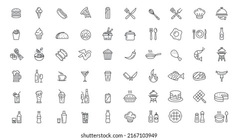 Food icons. Collection of 60 lined food icons isolated on white background. Restaurant, kitchen, bar-related icons. Food, beverage, utensils. Vector illustration