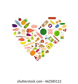 Food icons collection in heart shape isolated on white. Vector illustration