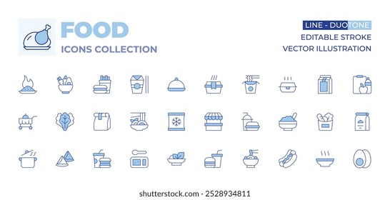 Iconos de comida colección. Línea estilo Duotone, editable stroke. comida picante, lechuga, comida japonesa, bolso de papel, Carrito, caja, soporte, congelado, comida sana, rápido, bandeja, yakisoba.