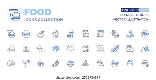 Iconos de comida colección. Línea estilo Duotone, carrera editable. entrega rápida, nueces, fideos, comida chatarra, olla caliente, bandeja, cesta, hamburguesa, Carrito, comida, pastel.