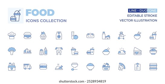 Iconos de comida colección. Comida rápida, sal, laboratorio, leche, cuenco de arroz, pescado, paquete de alimentos, pollo, brócoli, hamburguesa, chef, cupcake, banh mi.