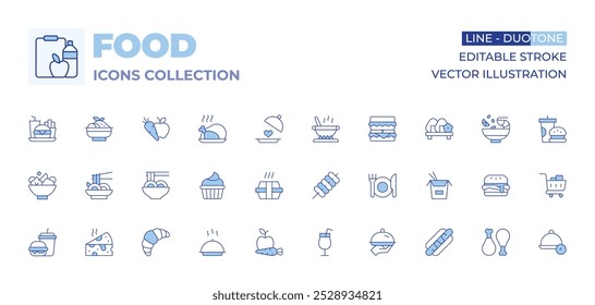 Iconos de comida colección. Línea estilo Duotone, carrera editable. olla de cocina, tzatziki, ensalada, tokbokki, yakisoba, caja, bandeja, comida saludable, dulce, pollo, rápido, pad thai.