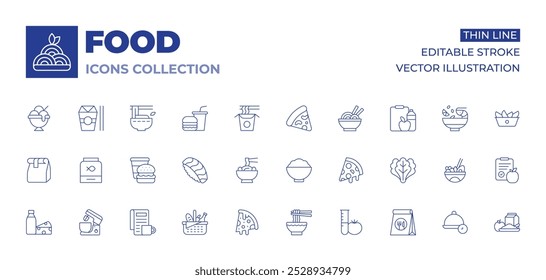 Iconos de comida colección. Iconos de línea fina, movimiento editable. comida chatarra, kimchi, laboratorio, leche, mezclador, periódico, nigiri, fideos, bolsa de papel, comida para mascotas, picnic, pizza, rebanada de pizza.