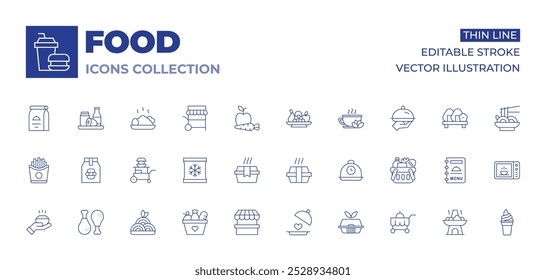 Food icons collection. Thin Line icons, editable stroke. basket, food box, package, stall, food stand, food tray, french fries, fried chicken, frozen.