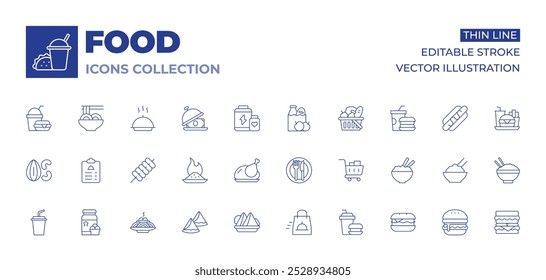 Food icons collection. Thin Line icons, editable stroke. fast delivery, fast food, samosa, shopping cart, soda, spaguetti, spicy food, tokbokki, turkey, menu, nuts, omega, restaurant.