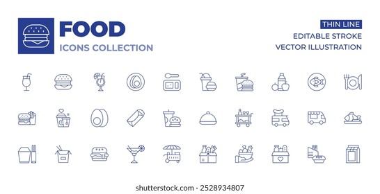 Food icons collection. Thin Line icons, editable stroke. burger, burrito, chinese, cocktail, drinks, egg, fast food, cart, donation, food tray, trolley, truck.