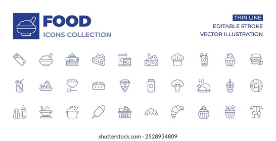 Iconos de comida colección. Iconos de línea fina, movimiento editable. comida para bebés, banh mi, cesta, cerveza, brócoli, cafetería, cóctel, olla, cocina, corndog, crepe, croissant, sal.