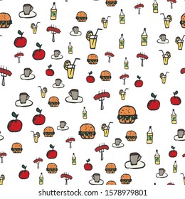 Food icons are colored, seamless pattern background. Vector illustration EPS 10.