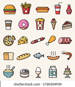 Food icons. Colorful flat style vector isolated icons set