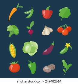 Food Icons Of Different Vegetables In Flat Style On Dark Background