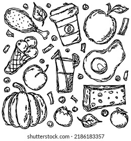Food icons. Doodle vector food background. Black and white food illustration