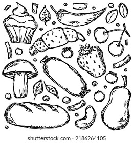 Food icons. Doodle vector food background. Black and white food illustration