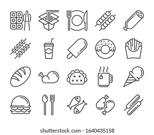 Food icons. Food and Drink line icon set. Vector illustration. Editable stroke.