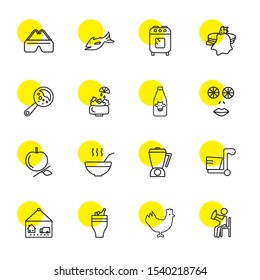 food icons. Editable 16 food icons. Included icons such as Drinking, Hen, Champagne, Delivery, Blender, Soup, Apple, Cucumber, Milk, Salad, Rattle. food trendy icons for web.