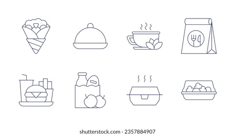 Food icons. editable stroke. Containing crepe, fast food, food tray, green tea, grocery bag, hot food, takeaway, salad.